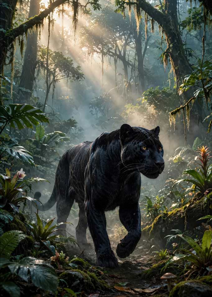 Majestic Black Panther in Misty Jungle