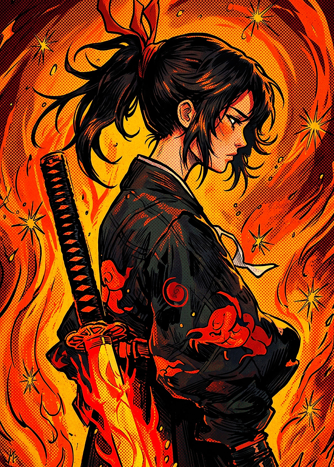 Anime Samurai Girl with Flaming Katana