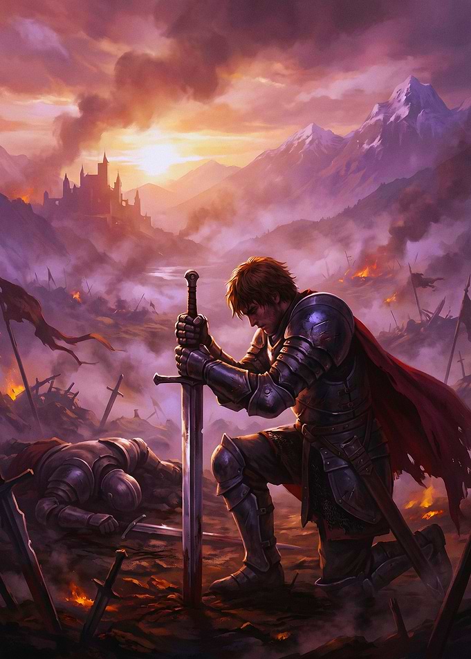 Knight Kneeling on Battlefield at Sunset