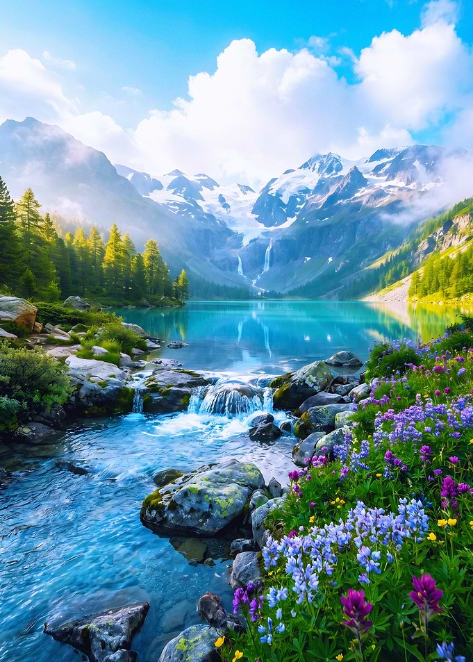 Alpine Lake with Wildflowers and Mountains