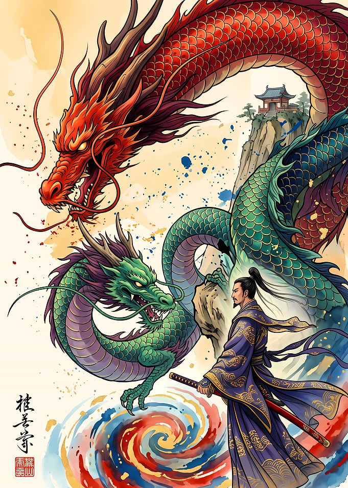 Samurai Facing Two Mythical Dragons