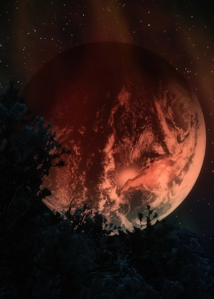 Red Planet Over Dark Landscape