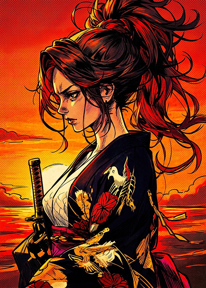 Fierce Samurai Woman at Sunset
