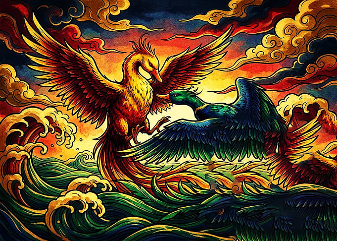 Phoenix and Mallard Duck Battle