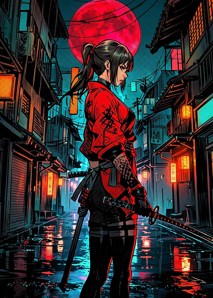 Cyberpunk Samurai Girl Under Red Moon