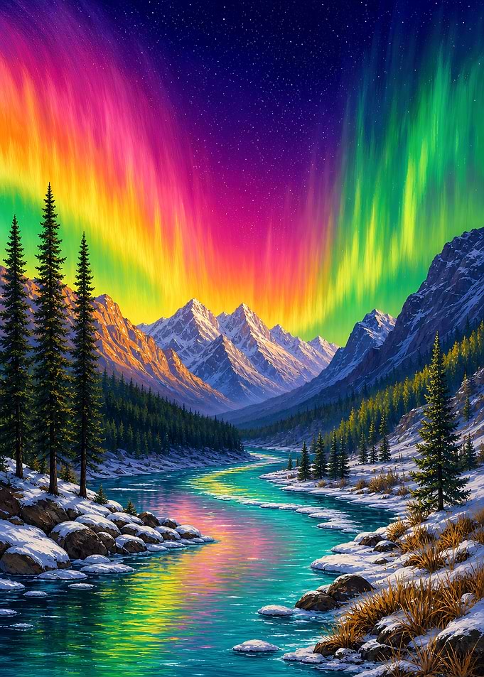Vibrant Aurora Over Snowy Mountain River Nature