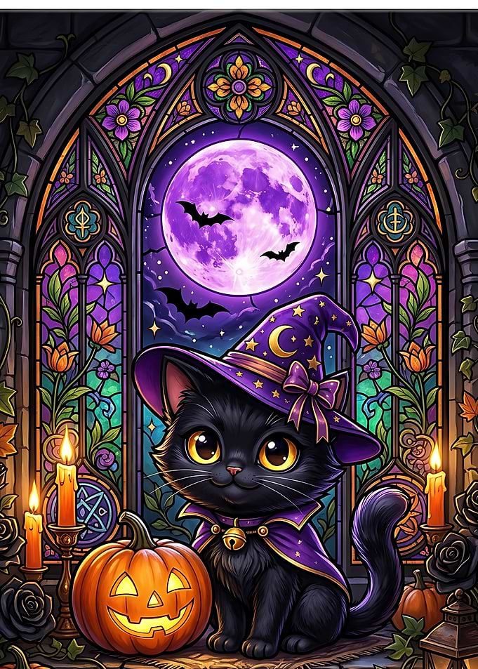 Cute Black Cat Witch Halloween Art