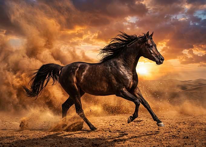 Majestic Black Horse Running in Desert