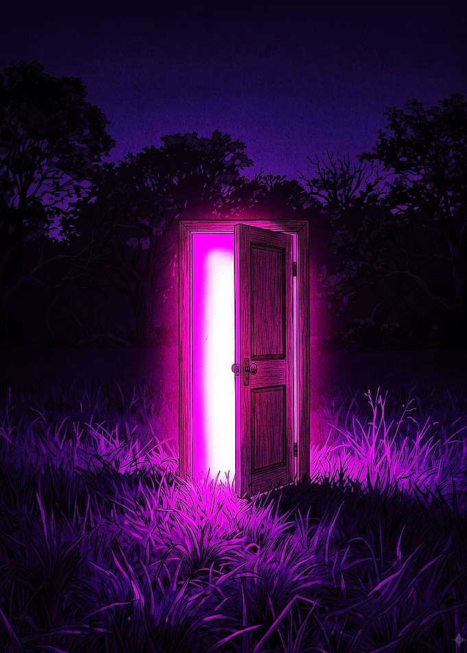 Glowing Portal Door in Dark Field
