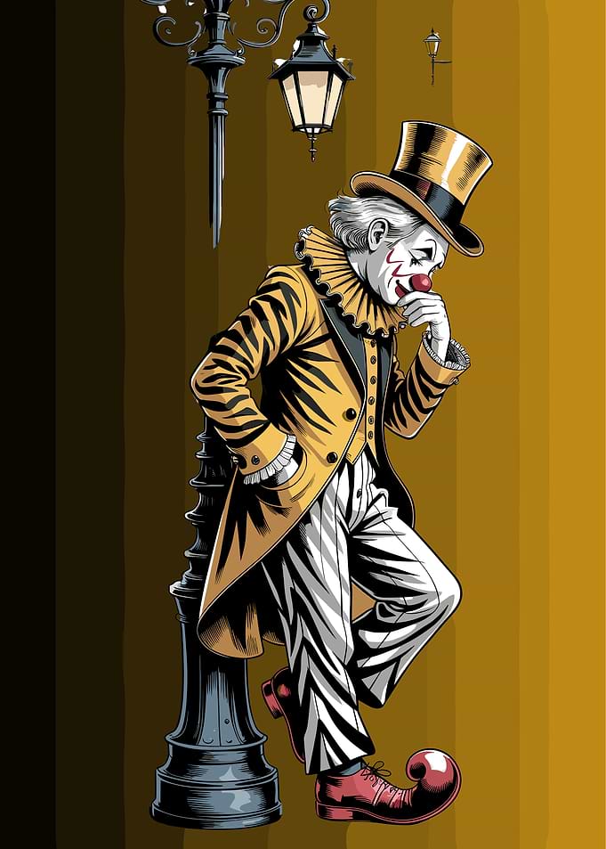 Pensive Clown Leaning on Lamp Post