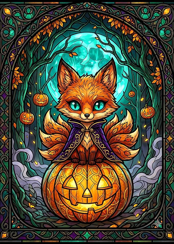 Stained Glass Kitsune Halloween Fox