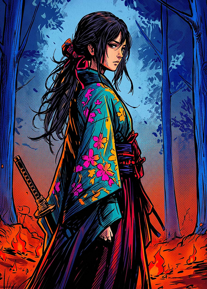 Samurai Woman in Floral Kimono