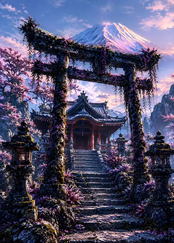 Torii Gate and Temple at Mount Fuji