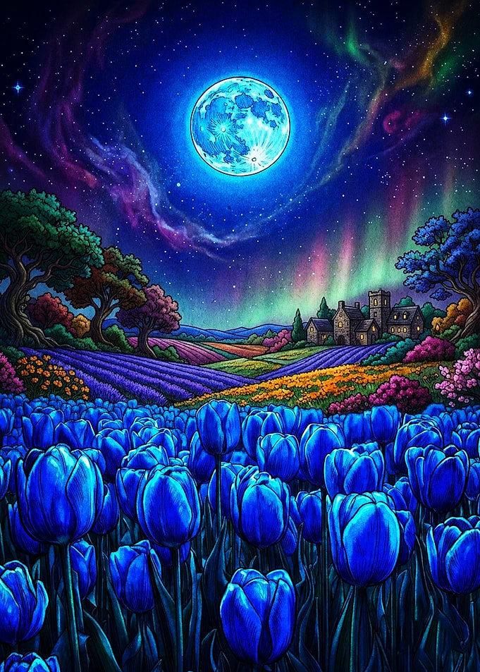 Blue Tulip Field Under Moonlit Sky