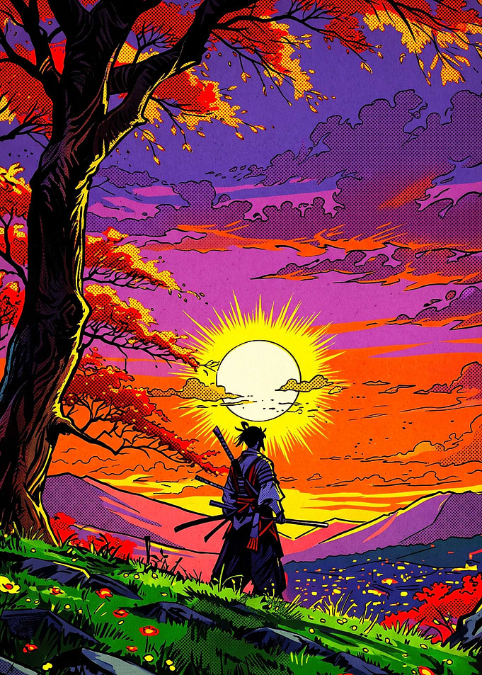 Samurai Standing Under Sunset Sky