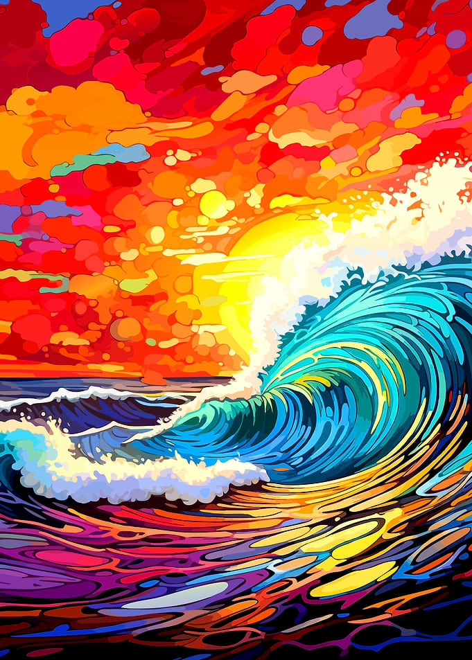 Vibrant Psychedelic Ocean Wave Sunset