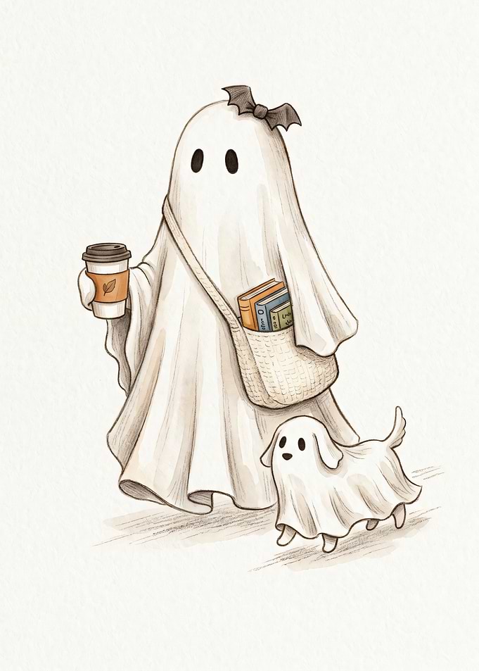 Cute Ghost Walking with Ghost Dog