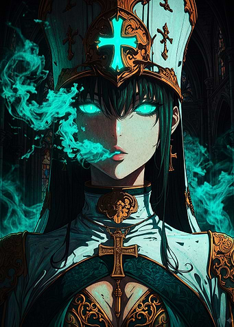 Ethereal Anime Priestess with Glowing Cross