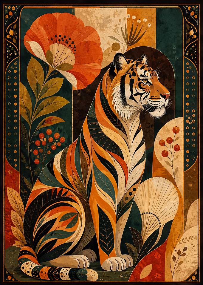 Art Deco Tiger and Floral Illustration