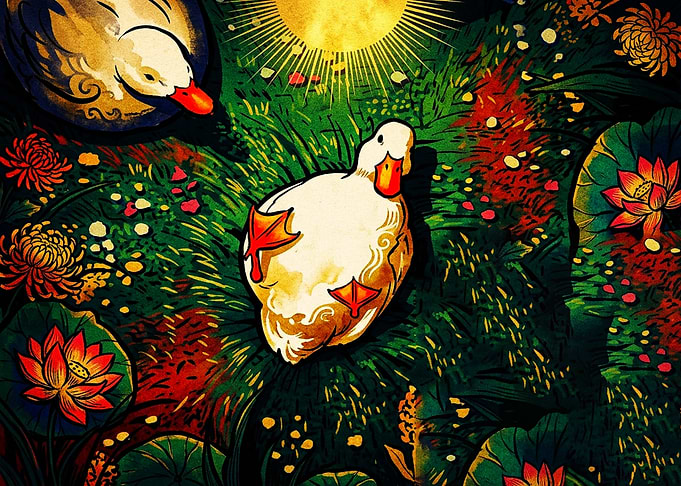 Ducks in a Vibrant Lotus Pond