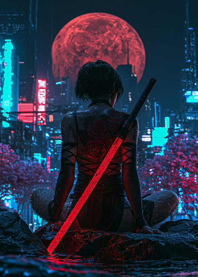 Cyberpunk Samurai Under Red Moon