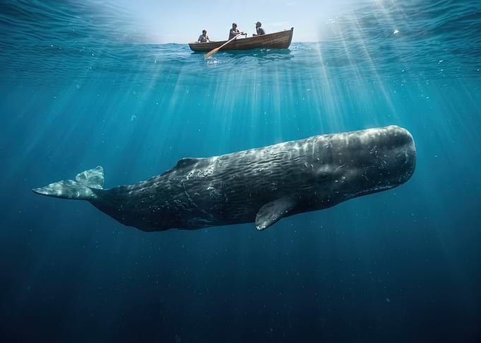 Sperm Whale Beneath Small Wooden Boat