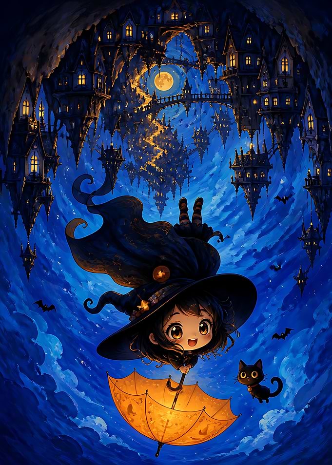 Chibi Witch Flying with Glowing Umbrella