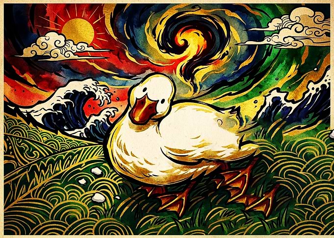 Ukiyo-e Style Duck Illustration