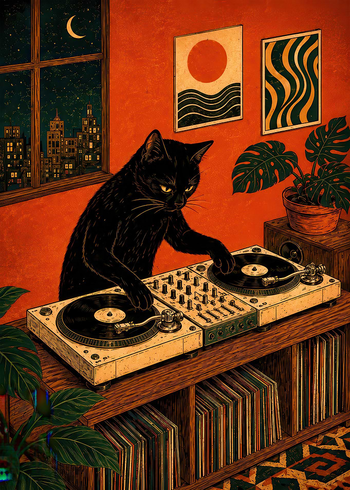 Black Cat DJ Playing Vinyl Records