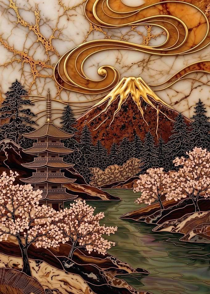 Mount Fuji – Golden Serenity – Abstract Fantasy #3