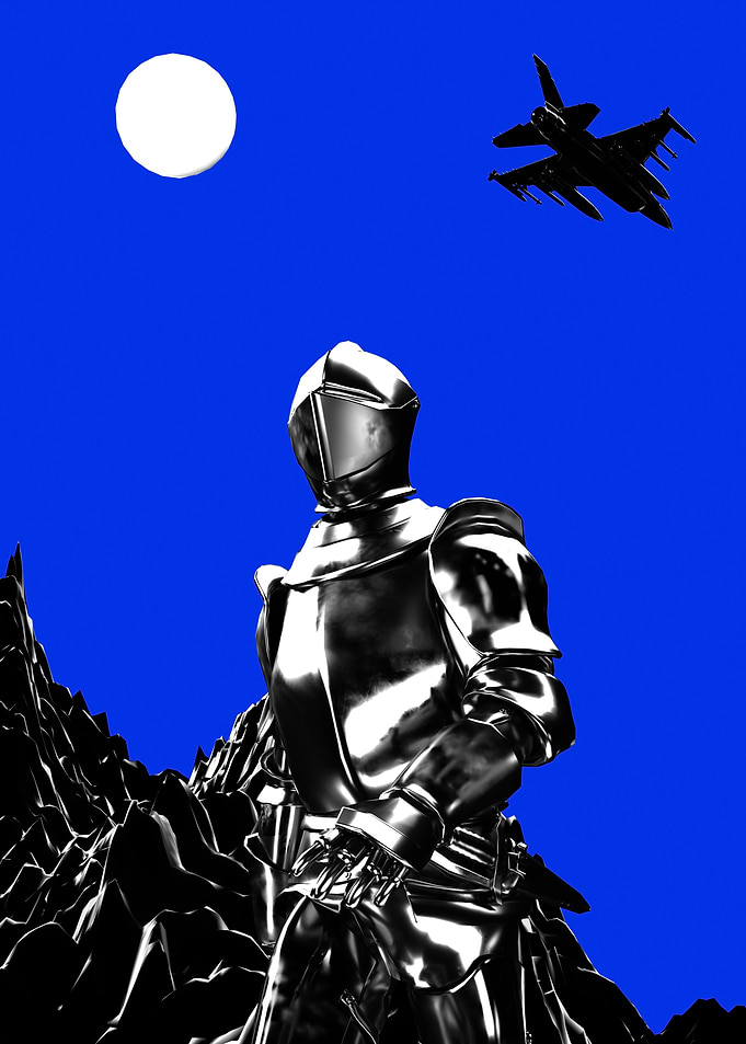 Knight and Fighter Jet On Blue Sky Surreal