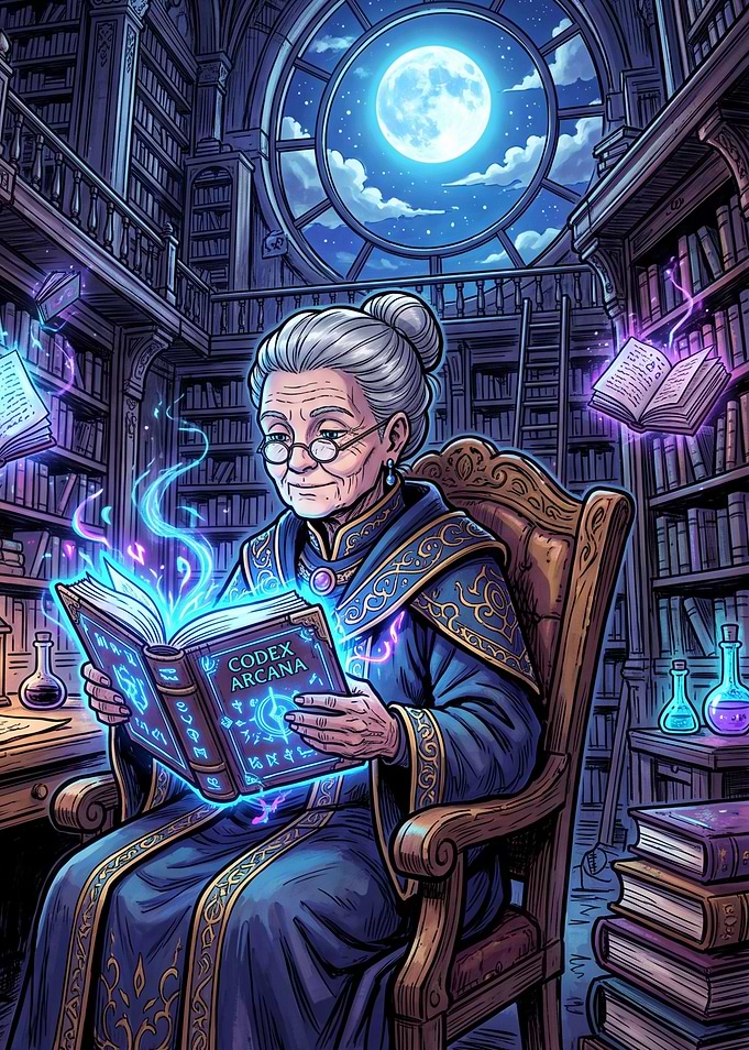 Elder Mage Reading Magical Codex