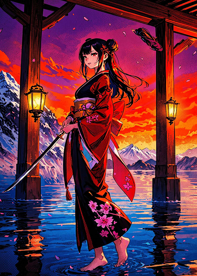 Anime Girl with Katana at Sunset