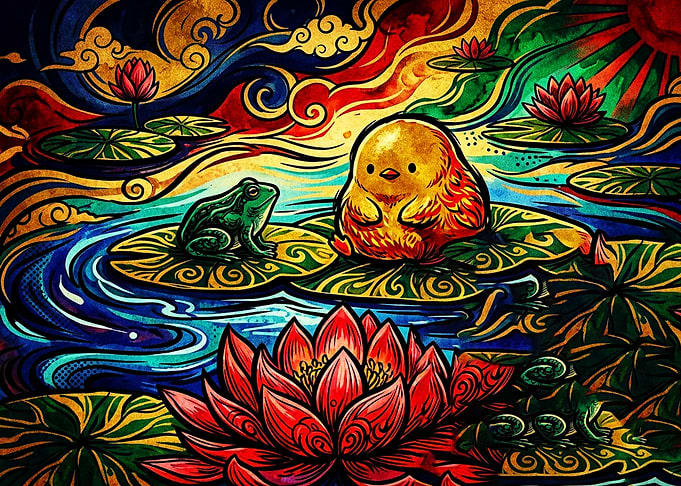 Whimsical Frog and Chick on Pond