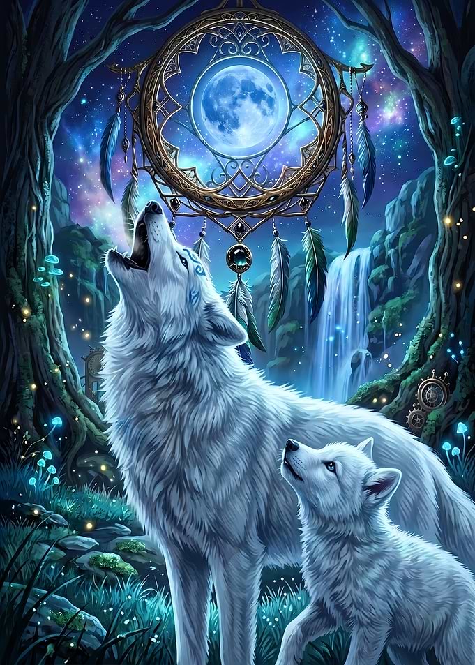 White Wolves and Dreamcatcher Fantasy Art