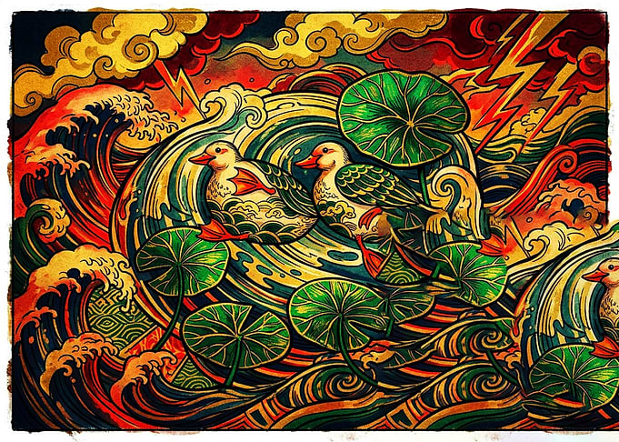 Ducks in Stormy Ukiyo-e Waters