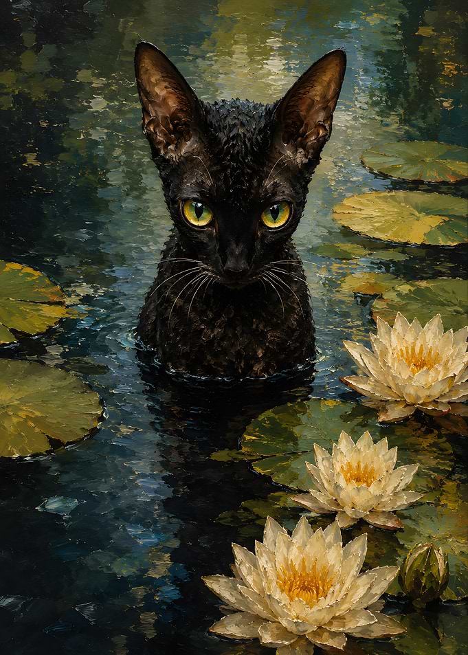 Black Cat in Water Lily Pond