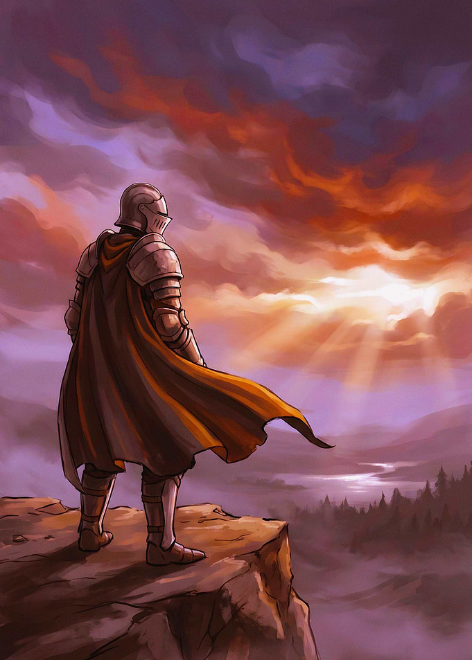 Knight Standing on Cliff at Sunset