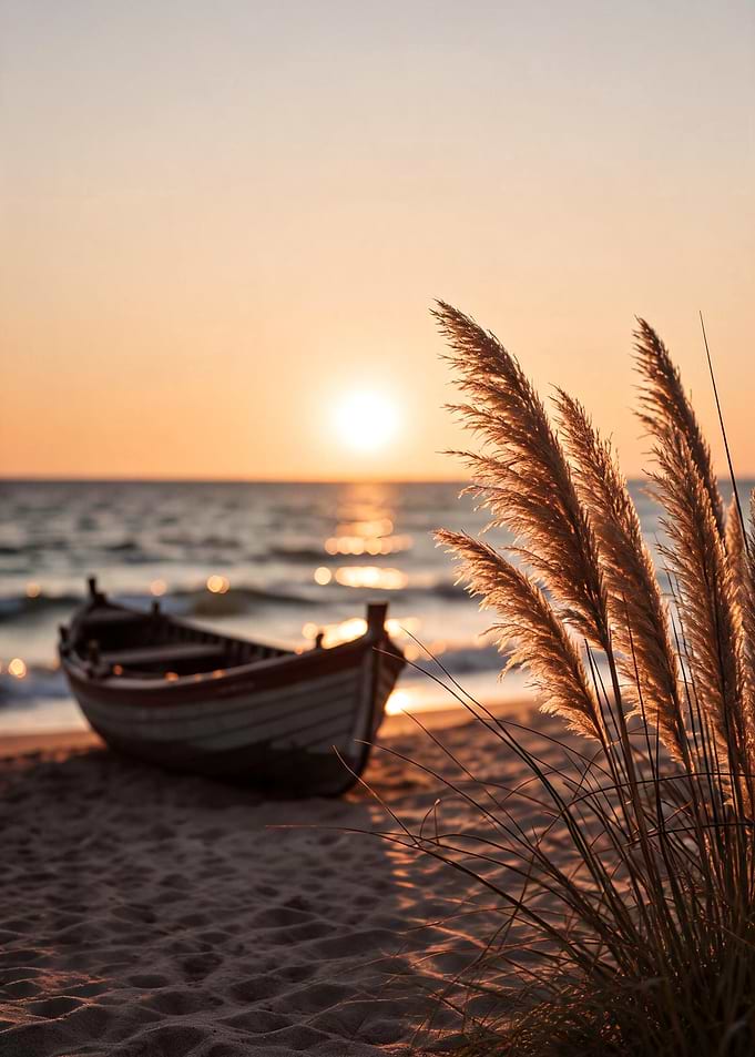 Sunset Beach with Boat and Grass