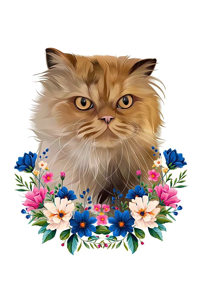 Persian Cat Portrait with Floral Wreath