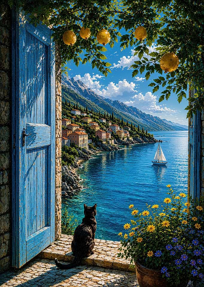 Black Cat Watching Mediterranean Coast