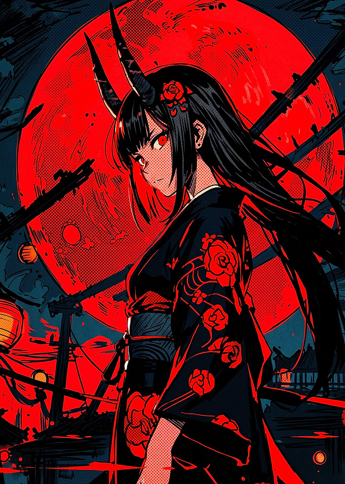 Anime Oni Girl with Red Moon