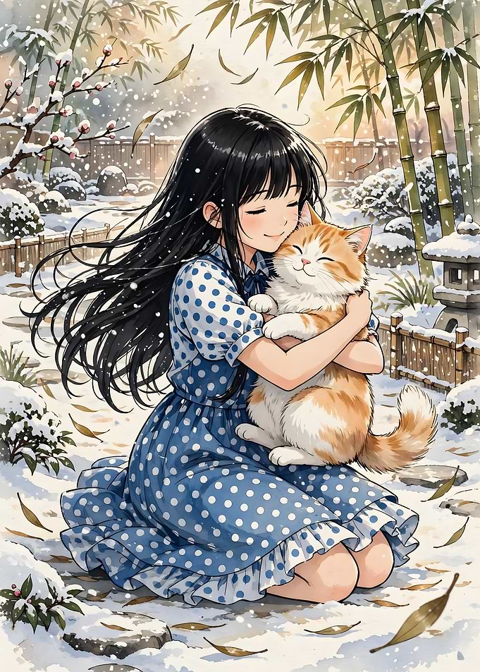 Girl Hugging Cat in Snowy Garden