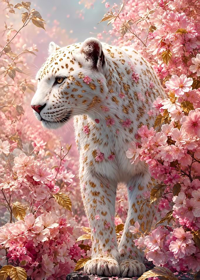 White Leopard in Cherry Blossoms