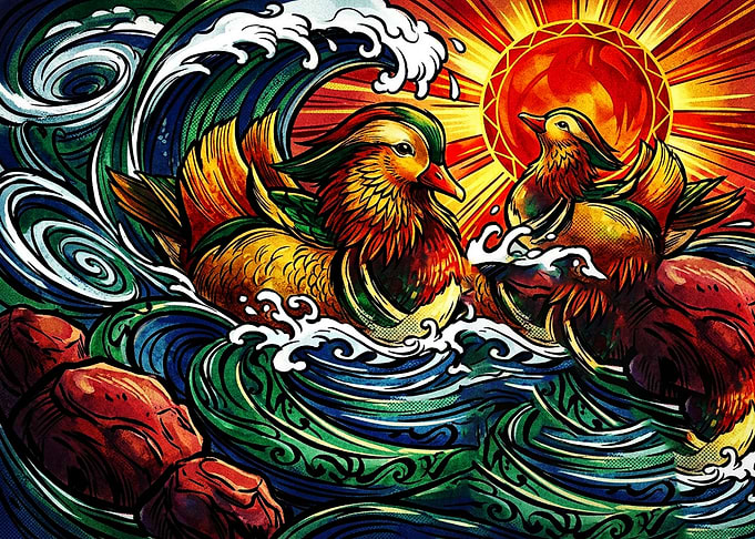 Vibrant Mandarin Ducks in Stylized Water