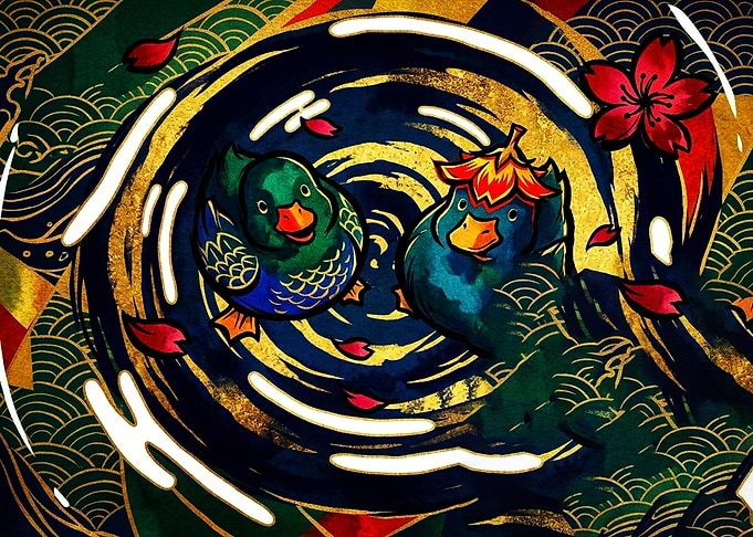 Japanese Style Ducks and Cherry Blossoms