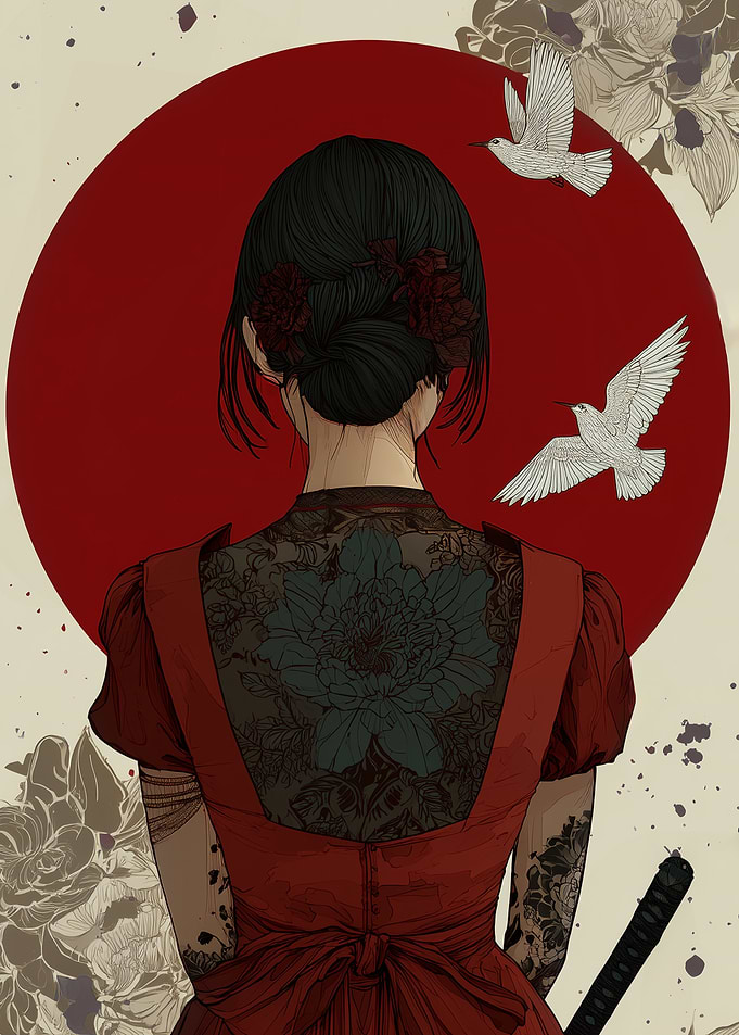 Woman with Tattoos and Red Sun