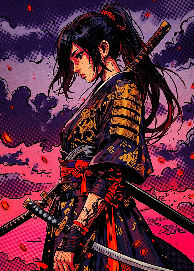 Female Samurai Warrior in Red Sunset