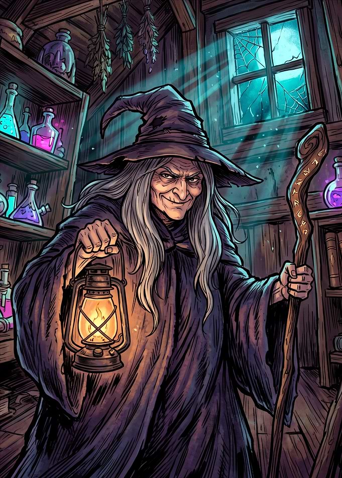 Old Witch Holding Lantern in Hut