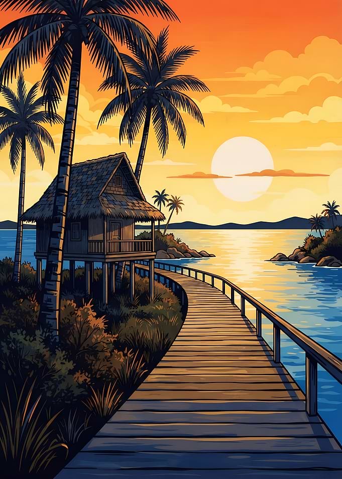 Tropical Sunset Sea Beach Hut Illustration